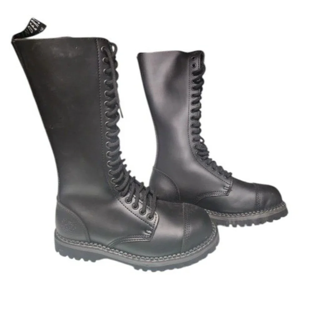 Grinders London England Black 20-Eye Leather Steel Toe Boots Size EU 39 King CS